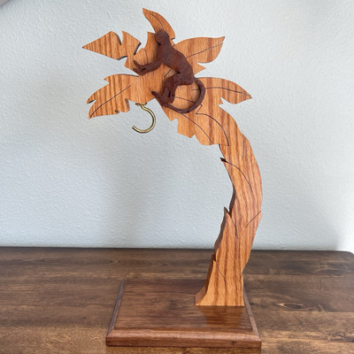 Vtg Wooden Banana Hanger Stand w/Monkey on Palm Tree Artist Signed