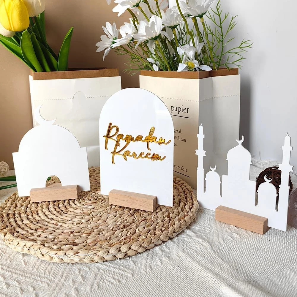 COCHIE Confezione da 2 decorazioni in legno Eid Mubarak Ramadan Kareem Cartello da tavolo Eid Luna Stella vuota Centrotavola autoportante Ornamenti appesi Decorazione da tavolo per l'Islam musulmano D