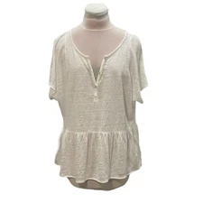 CYNTHIA ROWLEY White 100% Linen Split Neck Peplum Tee Shirt Large Coastal Beach 