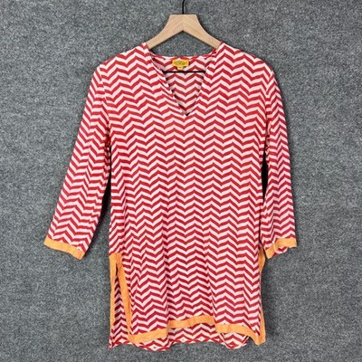 Roberta Roller Rabbit XS Tunic Top Red White Chevron Print 3/4 Sleeve