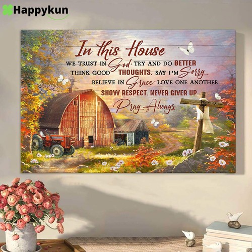 In diesem Haus vertrauen wir auf Gott Holzkreuz rustikal Bauernhaus Leinwand Wandbild -... - Bild 1 von 11