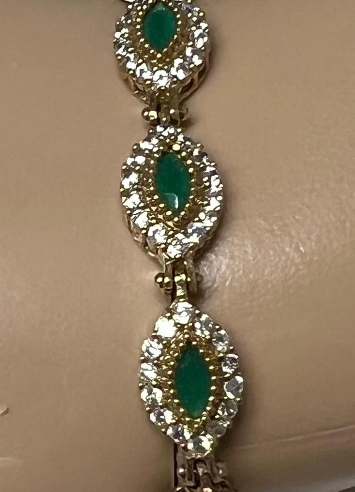 Genuine Green Tourmaline 14K Gold on 925 REAL White Sapphires statement Bracelet - Image 4 of 4