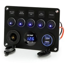 5 Gang Switch Panel Dual USB Voltmeter Cigarette Lighter Marine RV Boat Truck