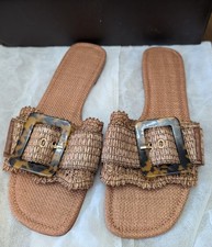 Raffia Flat Women's Brown Woven Rattan Flat Buckle Slide Sandal Size 7 New