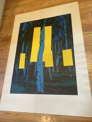 Rare 1970 Artist Menashe Kadishman Serigraph PRINT Yellow forest Contemporary