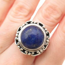 925 Sterling Silver Vintage Real Lapis Floral Oxidized Ring Size 6.75