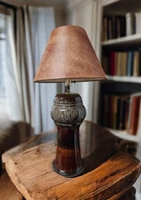 RARE Mid-Century Ceramic Table Lamp Fat Lava Glaze Ribbed Neck Turquoise MCM Vtg