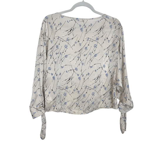 Club Monaco Silk Blouse Womens Small Cream Blue Tie Puff Sleeve Dainty Floral - Picture 4 of 16