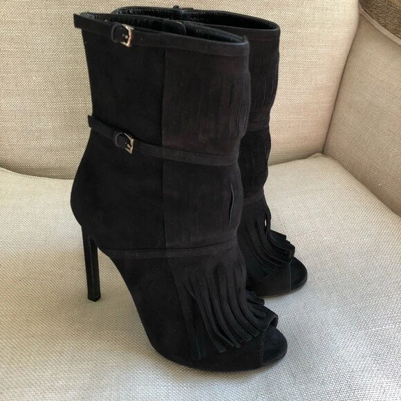 Botas de tornozelo Gucci Becky camurça preta biqueira aberta franja couro 36,5 EUA 6,5 - Imagem 3 de 4
