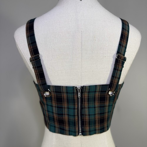 HONEY PUNCH Bella Thorn Green Plaid Crop Cami Zip Back Top Grunge Skater 90s S - Picture 5 of 6