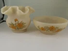 VINTAGE FENTON SATIN CUSTARD HAND PAINTED DOUBLE CRIMPED VASE WITH MATCHING BOWL