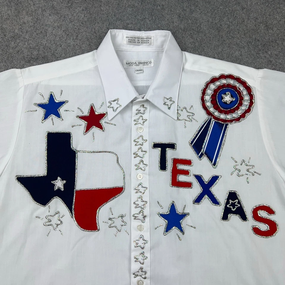 VTG Texas Shirt Mens Large White Short Sleeve Western Cowboy 4th of July Button - Image 3 of 4