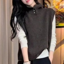Women Knitted Vest Waistcoat Tank Tops Gilet Sleeveless Sweater High Neck girl