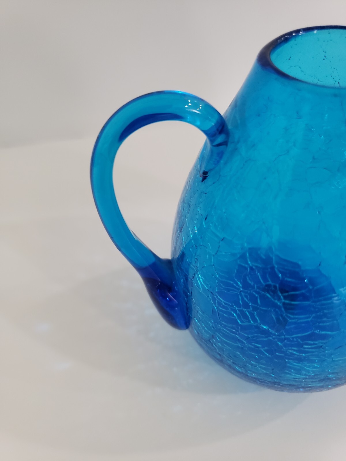 Vintage Blue Crackle Glass Mini Pitcher Bud Vase Applied Handle Approx 3.5”H
