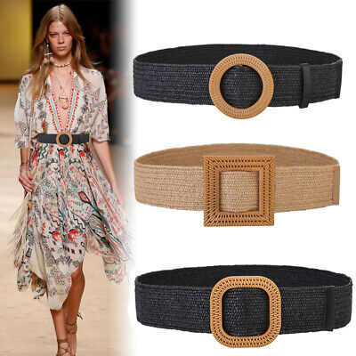 Womens Waistband straw wide belt round buckle belt elastic woven dress decorative belt