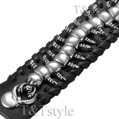 T&T Punk Centipede Black Leather Bracelet Wristband (PK07)