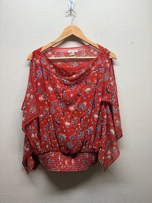 Max Studio Red Floral Free Flow Top Boho Split Sleeve Smocked Blouse Large