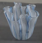Vtg Murano Latticino Blue & White Art Ribbon Glass Vase Bowl Handkerchief