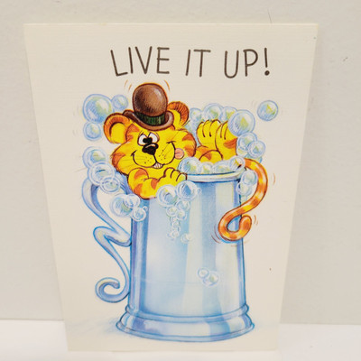 Vtg Hallmark Anthropomorphic Drunk Cat Mug Happy Birthday Greeting Card CLEAN