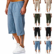 Mens Cotton Linen 3/4 Length Cargo Shorts Three Quarter Joggers Cropped Pants 42