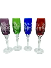 Set of 4 Ajka Cut Crystal Champagne Flute 9" tall Stemware | Grapes & Starburst