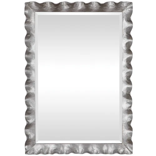 Large Silver Scalloped Edge Vanity Mirror, 40" Curved Black Vanity Metal - Picture 1 of 6