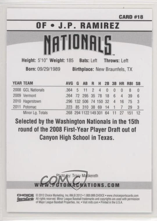 2012 Choice Potomac Nationals JP Ramirez #18 - Image 2 of 2