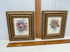 Vtg Set of 2 Barbara Mock Watercolor Prints Mini Bouquets Gold Framed 6.5”x 7.5”