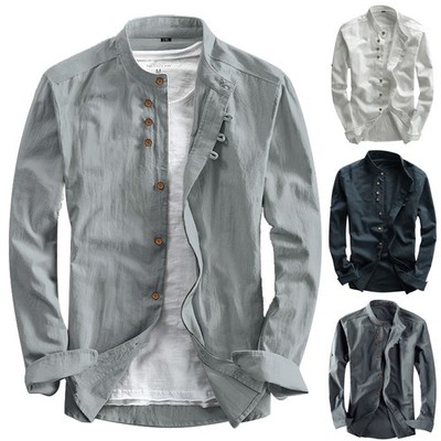 Herren Langarmhemd Solide Causal Canvas Hemd Mandarin Kragen Retro Style Hemd