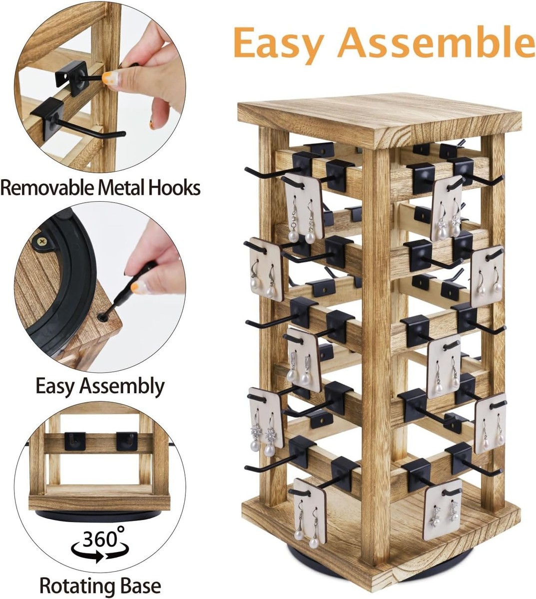 Wood Rotating Jewelry Display Removable 42 Hooks Earring Organizer Stand Oak View 3