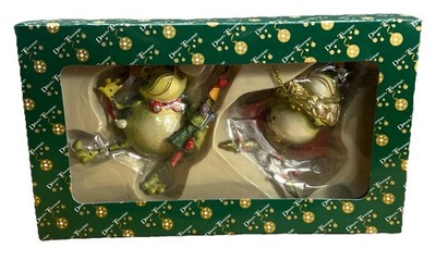 Dillards Trimmings Two Frog Ornaments Resin Prince and Holding A Tree