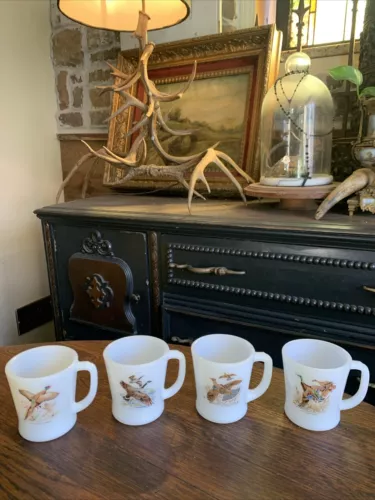 Vintage NOS Fire King Game Bird D-Handle Mugs Set of Four (4)~ NEW