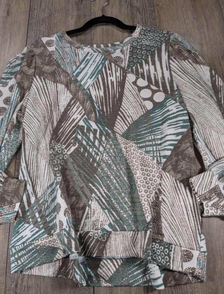 Chicos Top Womens Large Green Brown Geometric Print Long Sleeve Knit ...