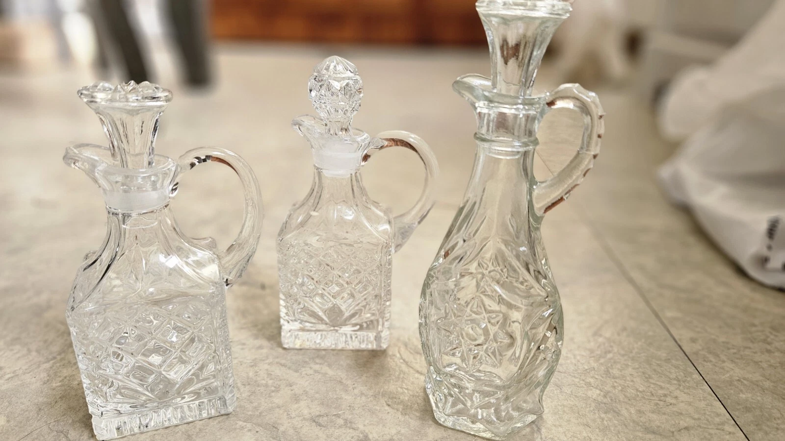 Vintage Clear Cut Glass Oil & Vinegar Bottles Toppers Cruet Sets Lot Of 3 EUC!
