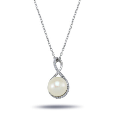 Perle & Diamanten (Brillant-Schliff) Anhänger Halskette in 14 Karat Weißgold