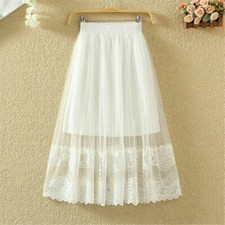 Lady Mesh Midi Skirt Floral Lace Tulle A Line High Waist Sweet Fairy Casual