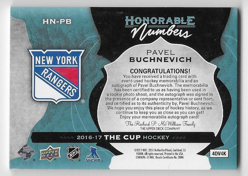 16/17 THE CUP HONORABLE NUMBERS AUTOGRAPH PATCH Pavel Buchnevich #41/89 2CLR - Picture 2 of 2