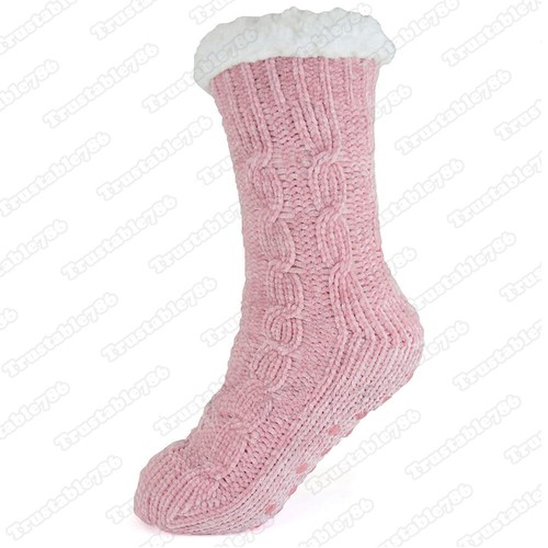 Ladies Women's Thermal Knitted Sherpa Lined Chenille Slipper Grippers Bed Socks - Picture 2 of 4
