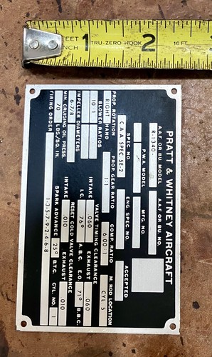 Pratt & Whitney • Avispa R-1340 • Placa de datos radial del motor • T-6 Texan • Sin usar - Imagen 4 de 4