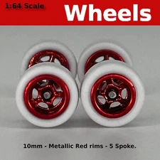 10mm/10mm Metallic Red rims 5 spoke White rubber tire set for Hot Wheels