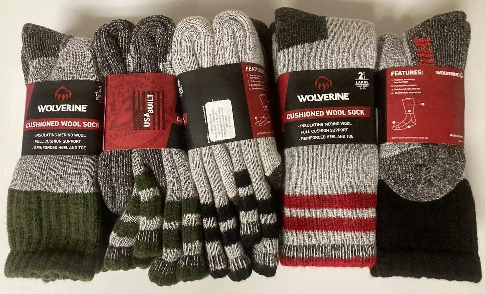 Wolverine Merino Wool Blend Cushioned Work Boot Socks, Large, 4 pairs, Free Ship