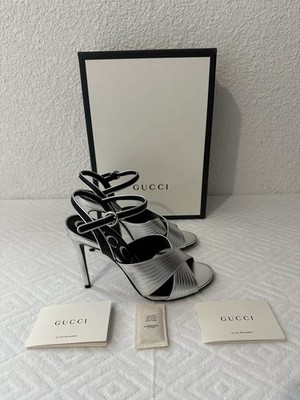 Gucci Sandalen Leder Stilettoabsatz sehr hoch silber/schwarz Knöchelriemen 38,5