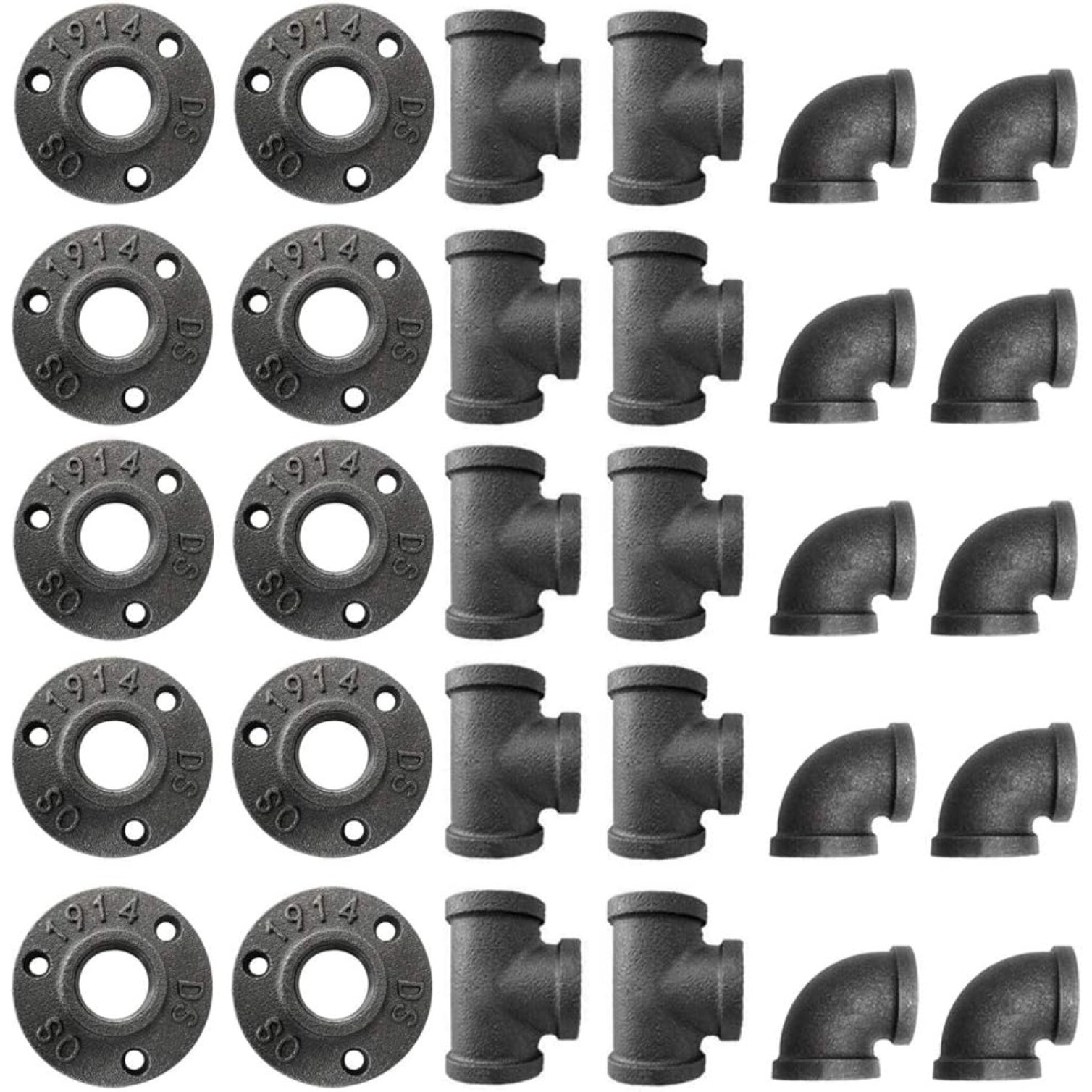 30-Pack 3/4'' Black Malleable Iron Cast Pipe Fitting Flange Tees Elbow for DIY