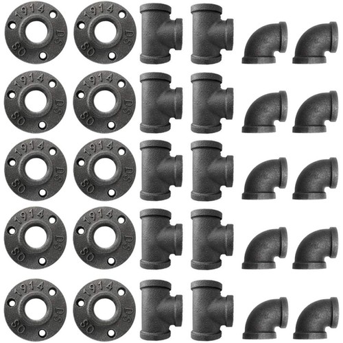 30-Pack 3/4'' Black Malleable Iron Cast Pipe Fitting Flange Tees Elbow for DIY