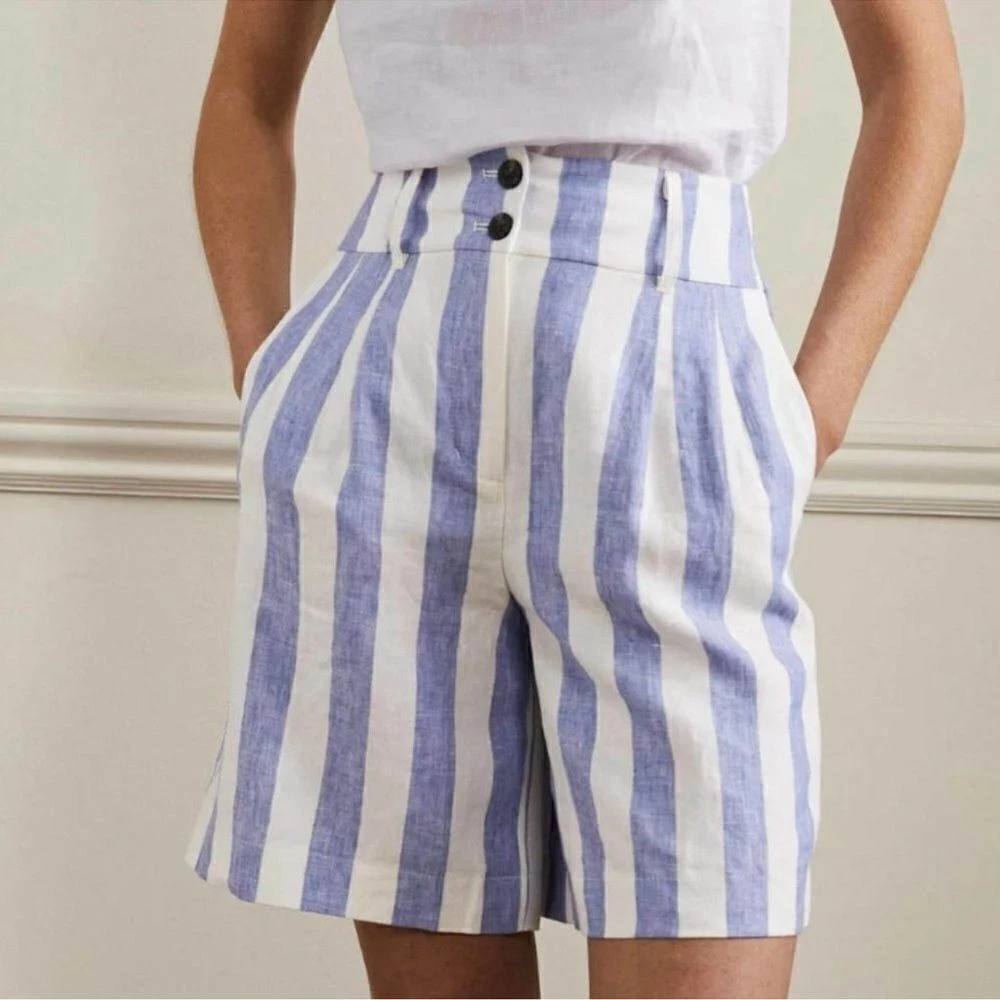 NWT BODEN Linen Pleat Shorts Bluebell and Ivory Stripe 6 B22