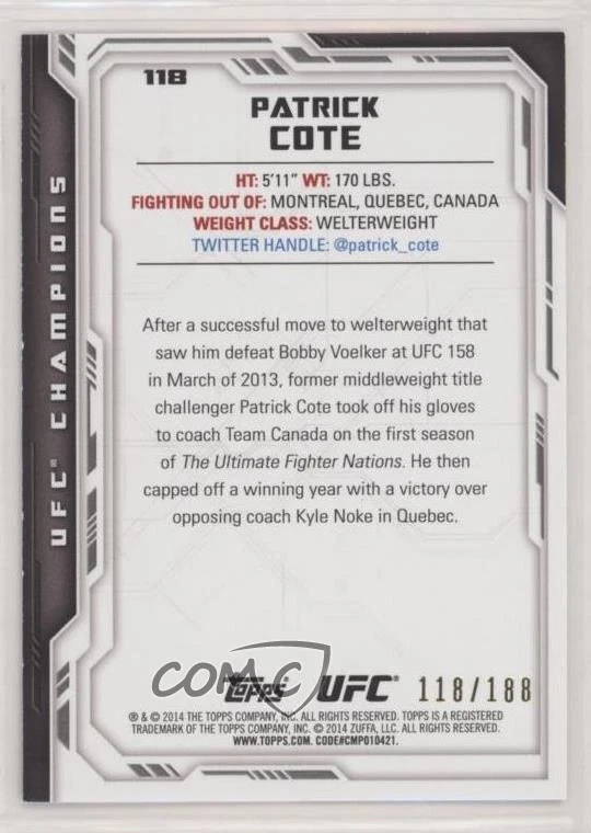 2014 Topps UFC Champions Black /188 Patrick Cote #118 - Image 2 of 2