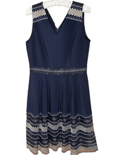 Tahari Arthur S Levine Navy V-Neck A-Line Sleeveless Dress Sz 8 Sequin Embroider
