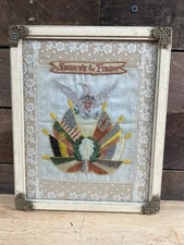 Antique WWI Framed Silk Embroidered Souvenir De France Pillow Cover Eagle Flags