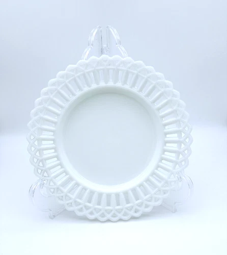 Vintage Milk Glass Open Lace Plate 9.25" — Reticulated Lattice Edge — Mid-Centur