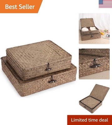 Set of 2 Handcrafted Seagrass Storage Bins with Lid - Stylish Home Organizers
